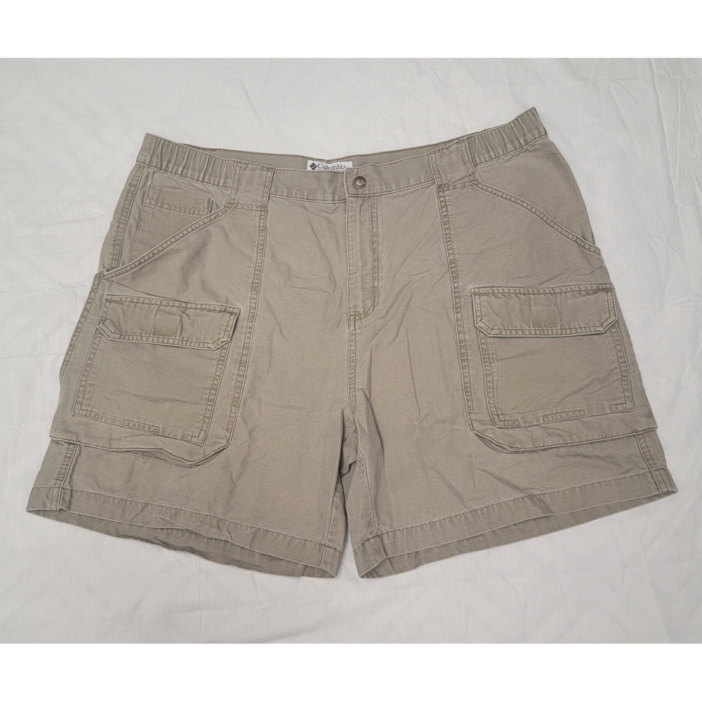 Columbia Mens XL Tan Khaki Cotton Canvas Cargo Shorts Elastic Waist AM4042